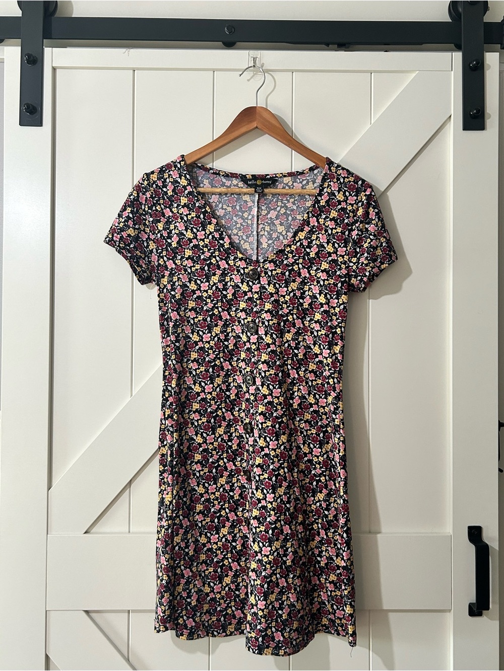 Women's Floral Mini Dress with Button-Front in Black and Pink